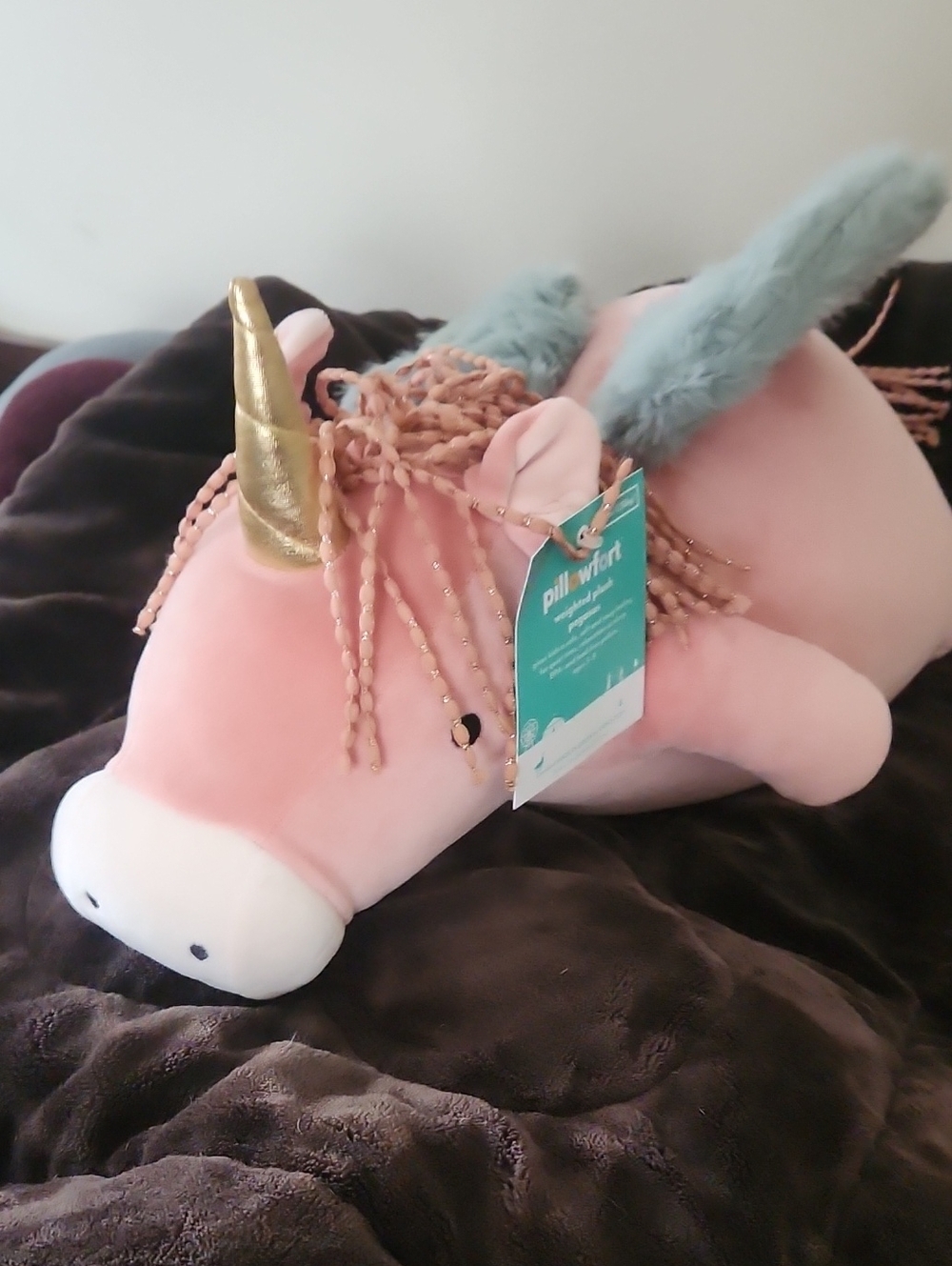 Pillowfort Pink Plush Unicorn with Gold Horn and Teal Wings